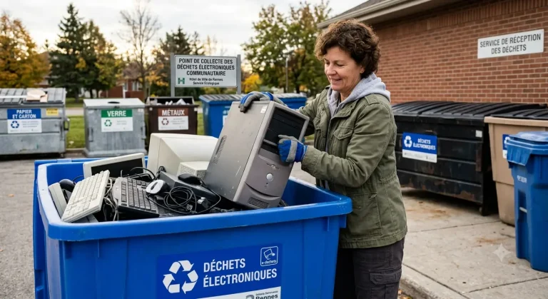 femme mettant un ordinateur dans une benne à recyclage